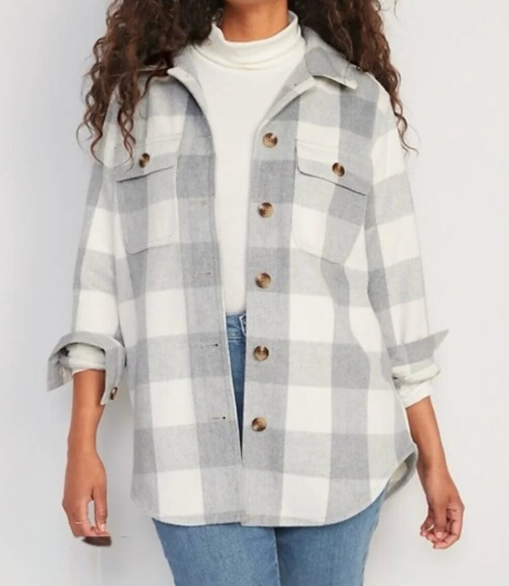 Old Navy Soft Brushed Utility Buffalo Plaid Check Shacket Gray White XS